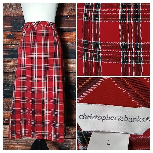 Christopher & Banks Midi Skirt Size L Red Tartan Plaid Pull On Elastic Waist - Picture 1 of 9